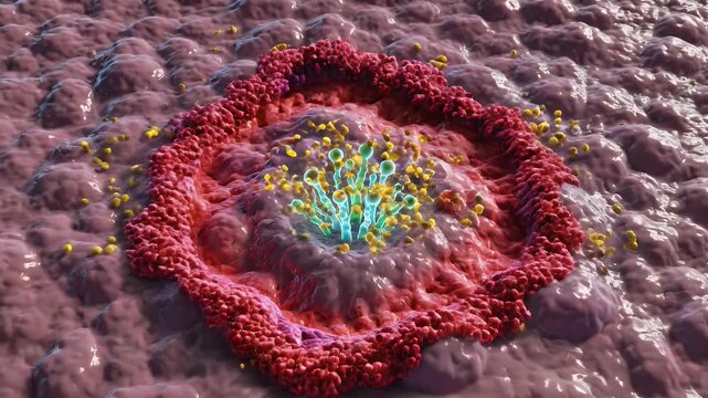 Stylized Animation of Ringworm Under Microscope Blue Filament on Cellular Tissue with Golden Spores Animated for