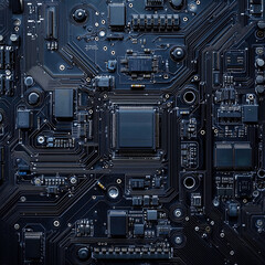 Fototapeta premium A close-up view showcases the complex layout and components of a circuit board in a dark setting