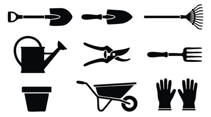 Gardening tools and equipment icons in black and white