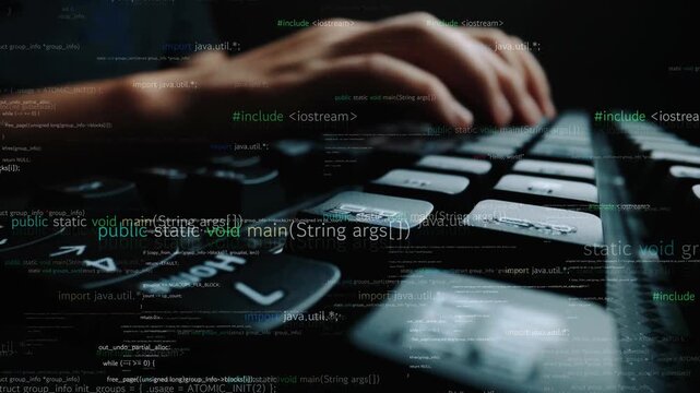 A close-up view of hands typing on a keyboard, surrounded by floating lines of computer code, representing the dynamic world of programming and technology. Xenic