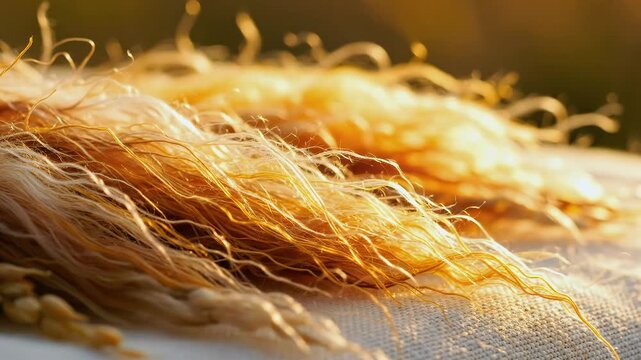 Loopable Ultra Close-Up Macro of Corn Silk with Warm Lighting Detailed Golden Strands on Burlap Texture for Advertising