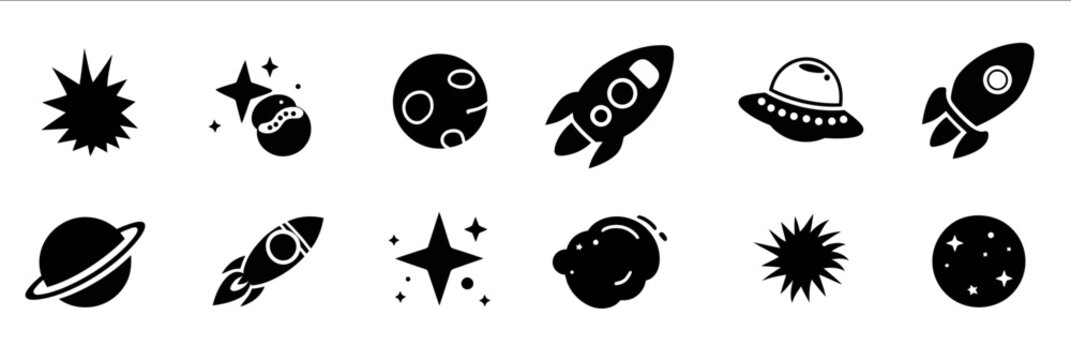 very simple space icons vector art black spaceship planets and stars isolated on white background