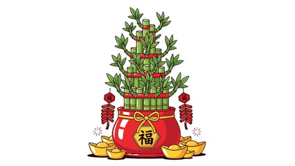 Lucky Bamboo in Red Pot with Gold Ingots and Festive Decorations