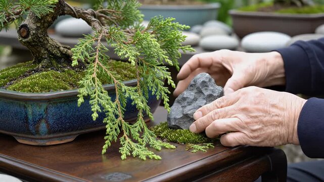 Macro Loop of Cleaning Bonsai Leaves with Soft Brush on Wooden Table in Garden Calm Still Life Decoration Zen Gardening