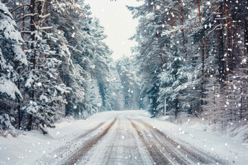 Fototapeta premium A countryside road on snow fall or snowy day in winter Christmas time.