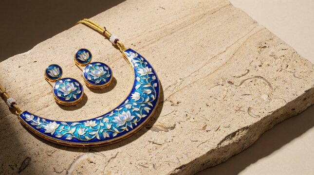 Multani Meenakari Gold Necklace Set with Blue and White Floral Enamel on Sandstone