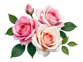 Obraz premium Three pink roses with green leaves on a white background, ideal for romantic designs or floral arrangements