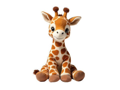 A cuddly stuffed giraffe sitting on a white background, perfect for use in nursery decor or as a toy