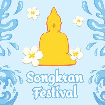 Songkran Thai New Year Greeting Card Banner with Water Splashes, Buddha Statue and Traditional Flowers