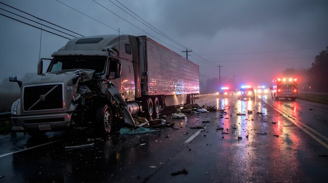 Nighttime semi-truck accident with severe front-end damage debris on wet road and emergency vehicles flashing lights highlighting urgency of road safety large vehicle collisions and first responder ac