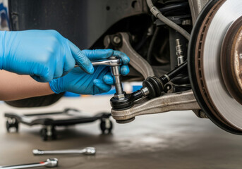 Mechanic using wrench to repair car suspension in garage  