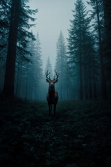 a stag standing in a dark, misty forest, with tall evergreen trees surrounding it. The scene has a mysterious and serene atmosphere, with the stag being the focal point.