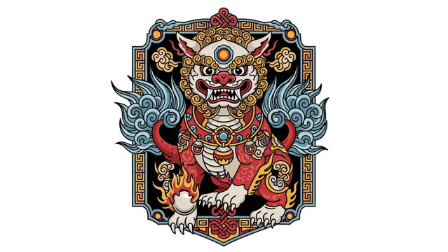 Chinese Guardian Lion Foo Dog Traditional Illustration