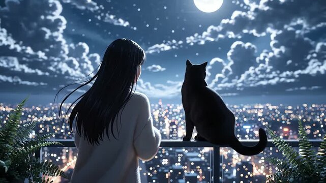 Young woman and black cat gazing at the glowing city skyline under a full moon for peaceful urban solitude concept and nocturnal wonder