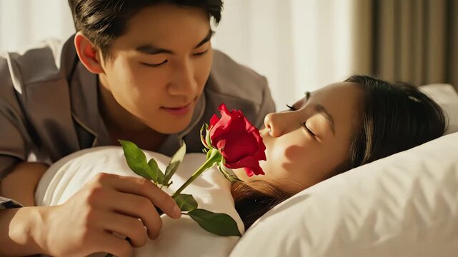 Young Asian man surprises his girlfriend with a red rose in bed during soft morning light for romance concept and affectionate relationship goal