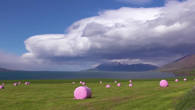 Large pink bales of hay wrapped in plastic cylinders like marshmallows in the fields of Iceland.
