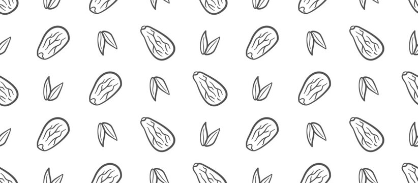 Dry dates fruit pattern background. Doodle dates seamless pattern background. Ramadan dates fruit hand drawn illustration for packaging. Palm date fruit and leaf vector background. 