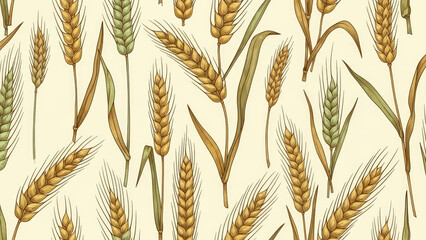 Seamless Pattern of Ripe Wheat Stalks in Golden and Green Hues.