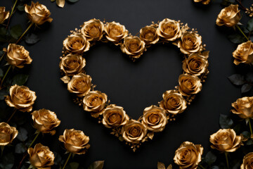 Heart shaped rose golden roses, on a dark background. Valentines day.