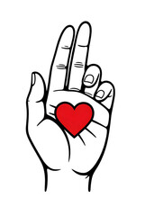 Minimalist Line Art of a Hand Holding a Glowing Red Heart Isolated on Transparent