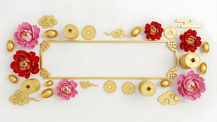 A vibrant, festive composition featuring peony flowers, gold coins, and ornate, decorative elements