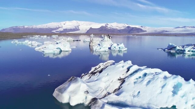 Beautiful aerial over icebergs in the Arctic, Jokulsarlon, glacier lagoon in Iceland.
