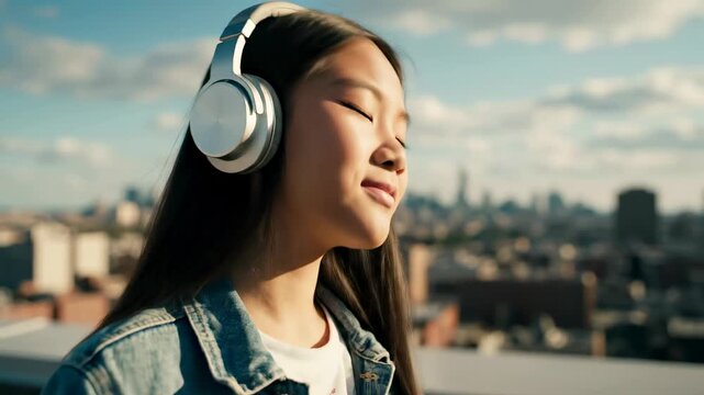 Girl with headphones listening to music while standing on rooftop. Bright sky and city skyline provide backdrop. Concept of music appreciation, youth culture, urban lifestyle