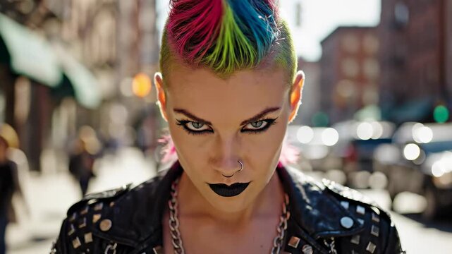Woman with colorful mohawk hairstyle walks with purpose on urban street. Bright sunlight highlights vibrant styling. Concept of fashion, self-expression, city life