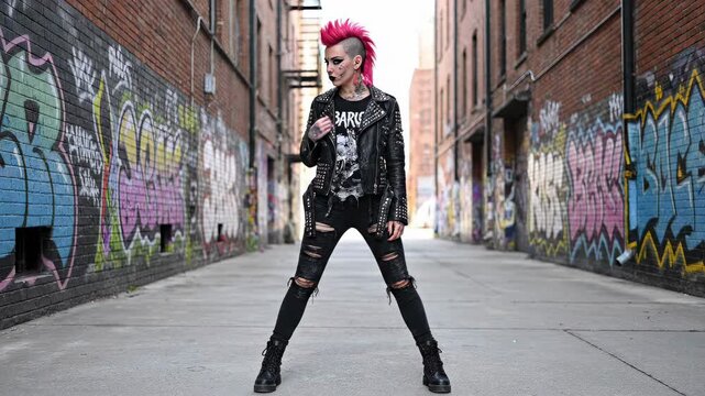 Woman stands confidently in alley with colorful graffiti. Vibrant urban background enhances fashion statement. Concept of fashion, self-expression, urban lifestyle
