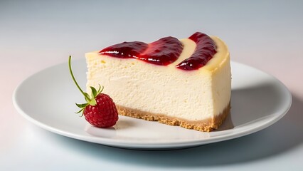 Indulge in a Decadent Slice of Creamy Cheesecake Topped with Luscious Raspberry Sauce and a Fresh Strawberry, a Perfect Sweet Treat