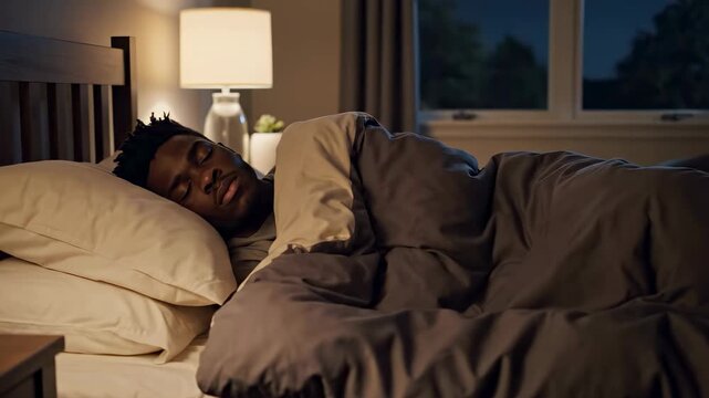 Man is sleeping in bedroom with soft bedding and lamp light. Nighttime setting adds comfort to rest. Concept of sleep, relaxation, wellness