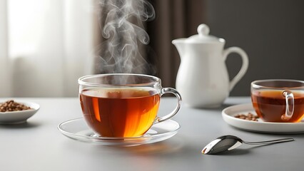 Steaming cup of aromatic amber tea in a clear glass cup, perfect for a cozy morning or relaxing afternoon