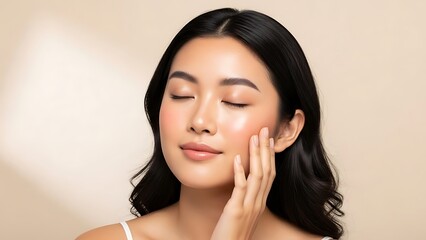 Beautiful woman with glowing skin, eyes closed, hand touching cheek, soft light backdrop