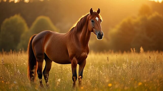 Majestic horse standing tall in a golden meadow at sunset, serene rural landscape, mp4 video. AI