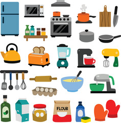 Kitchen Appliances and Cooking Tools Flat Icon Set