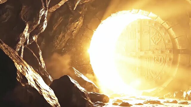 Large round stone door rolling away from the entrance of a dark rocky cave to reveal bright blinding white light pouring into the interior