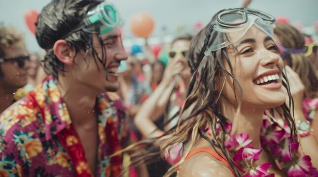 Young adults wear colorful leis and goggles at an outdoor music festival or party with balloons.