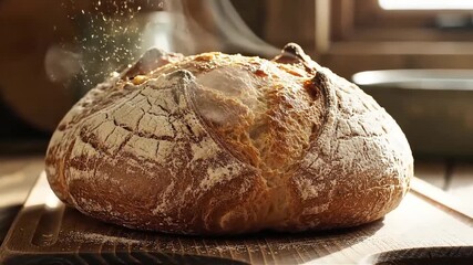 Rustic artisan sourdough bread dusted with flour on a wooden board showcasing its textured crust and warm inviting appeal for food photography and culinary concepts