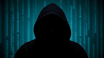 Mysterious hooded figure in dark silhouette against blue digital code background