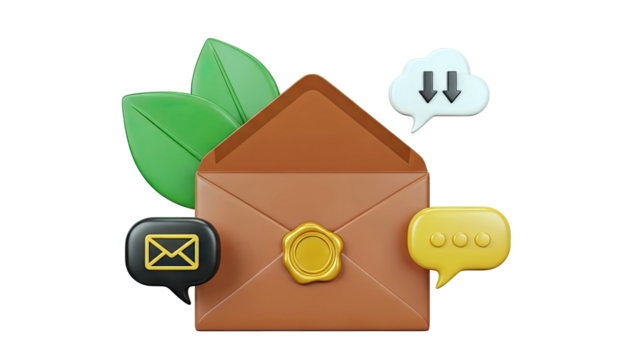 3D Icon: Envelope, Chat Bubbles, and Leaves - Powered by Adobe