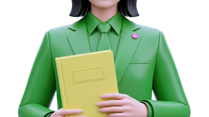 3D Render of a Person in a Green Suit Holding a Yellow Book