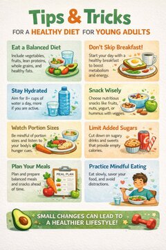 tips and tricks for a healthy diet for young adults infographic with eight illustrated sections, colorful layout, and food icons on white background
