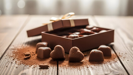 Romantic chocolate gift box on rustic wooden table open box revealing heart 