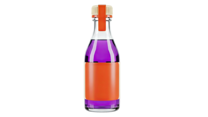 Glass bottle with purple liquid and orange label