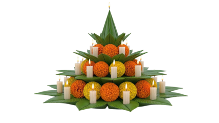 Floral arrangement with candles and green leaves