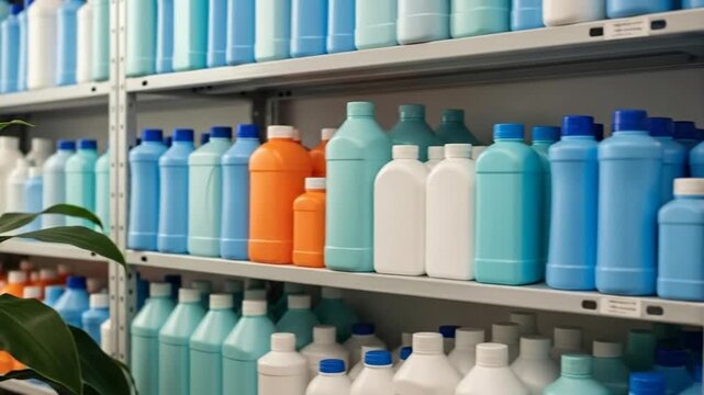 Many colorful plastic bottles on shelves in a storage room or shop