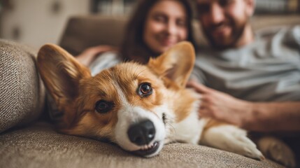 Adorable corgi receives affection from owners on a comfy couch The couple nurtures their furry companion fostering a connection This scene captures family warmth happiness at h