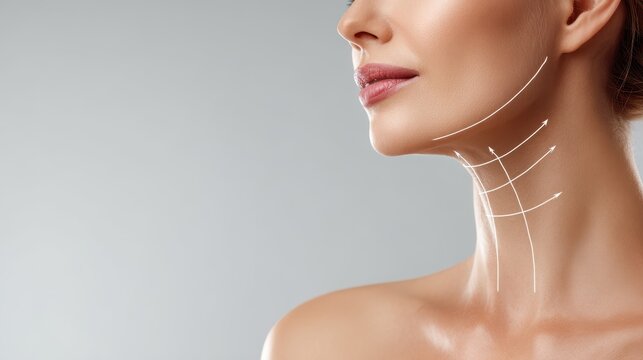 Age defying therapy and facelift Attractive woman s neck with massage lines or lifting indicators