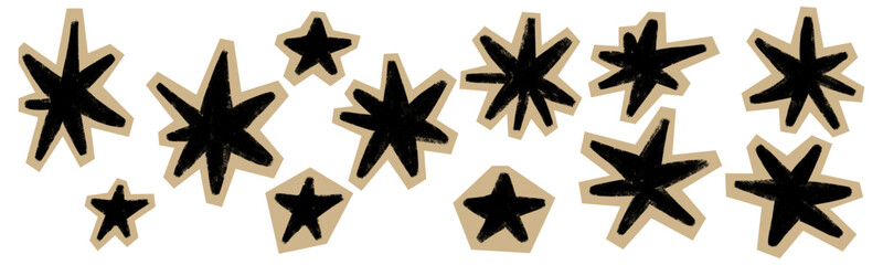 Hand drawn grunge star stickers collection in bold chalk style. Wide star shapes with rough texture and paper cutout look. Scrapbook collage elements for journals, zines, crafts, vintage DIY designs © Marharyta