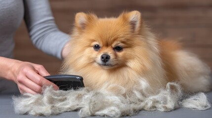 Closeup of a woman s hand using a furminator on a German spitz pomeranian with a background of hair and grooming tool Represents seasonal shedding and pet care at home